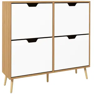 HOMCOM Meuble à chaussures design scandinave 4 portes abattantes 4 étagères réglables bois pin panneaux bois clair blanc pas cher