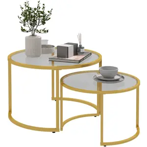 HOMCOM Lot de 2 tables basses gigognes rondes style art déco acier doré verre pas cher