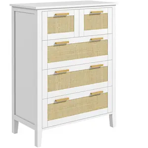 Comparateur de prix : HOMCOM Commode 5 tiroirs cannage en rotin dim. 77l x 37l x 104h cm mdf blanc bois de pin