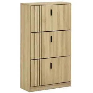 HOMCOM Meuble à chaussures design Urban Craft 3 portes abattantes 3 étagères poignées métal noir aspect chêne clair pas cher