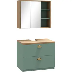 Comparateur de prix : KLEANKIN Ensemble 2 meubles salle de bain - meuble sous-vasque suspendu, armoire murale miroir - aspect bois clair vert