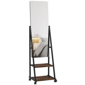 HOMCOM Miroir sur pied rectangulaire avec roulettes angle réglable 2 étagères dim. 42L x 37l x 155H cm verre bois rustique noir