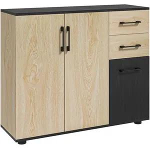 Comparateur de prix : HOMCOM Buffet 3 portes étagère 2 tiroirs coulissants aspect bois clair noir