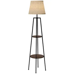 HOMCOM Lampadaire design contemporain 2 étagères intégrées 40 W 166H cm métal noir MDF aspect bois de noyer tissu beige pas cher