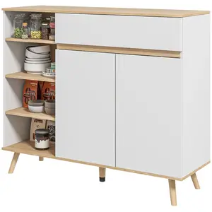 HOMCOM Buffet scandinave 2 portes tiroir 4 niches blanc aspect chêne clair