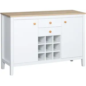 HOMCOM Buffet 2 tiroirs 2 portes porte-bouteilles blanc bois clair pas cher