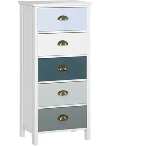 Comparateur de prix : HOMCOM Chiffonnier néo-rétro 5 tiroirs poignées coquilles blanc bleu gris