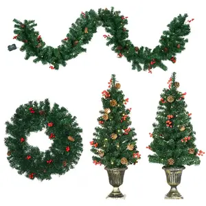 HOMCOM Lot de 4 pièces déco. de Noël couronne, guirlande, 2 sapins vertVendu paraosom