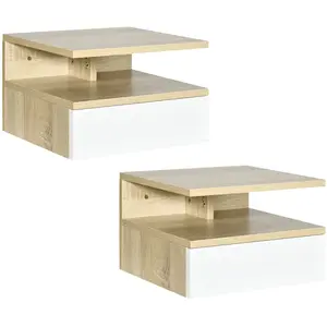 HOMCOM Lot de 2 tables chevet murale tiroir niche plateau chêne clair blanc pas cher
