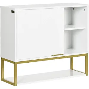 KLEANKIN Armoire murale salle de bain porte, 2 étagères, 2 niches doré blanc pas cher