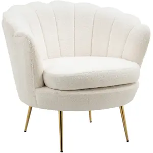 HOMCOM Fauteuil coquillage pieds dorés effilés effet laine bouclée blanc pas cher