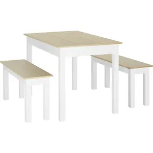 HOMCOM Ensemble table à manger 3 pièces avec 2 bancs blanc aspect bois clair pas cher