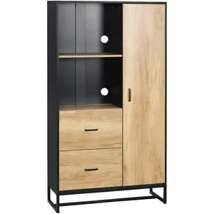 HOMCOM Buffet haut porte 3 étagères 2 tiroirs 2 niches acier noir bois clair pas cher