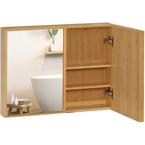 Comparateur de prix : KLEANKIN Miroir de salle de bain avec placard 2 portes - 2 étagères - bois de bambou verni 65x14x50cm Beige