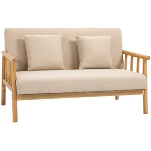 HOMCOM Canapé lounge 2 places avec coussins - bois hévéa aspect lin beige pas cher