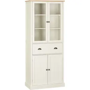 HOMCOM Buffet haut 4 portes grand tiroir coulissant panneaux crème verre pas cher