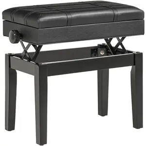 Comparateur de prix : HOMCOM Banquette tabouret siège pour piano coffre intégré hauteur réglable bois hévéa assise revêtement synthétique noir 63x35x56cm Noir