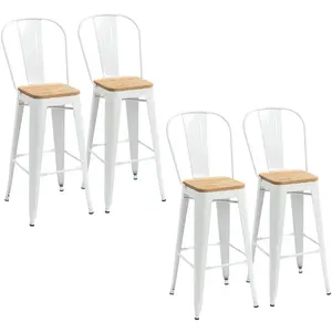 HOMCOM Lot de 4 tabourets de bar industriel acier blanc bois d'orme