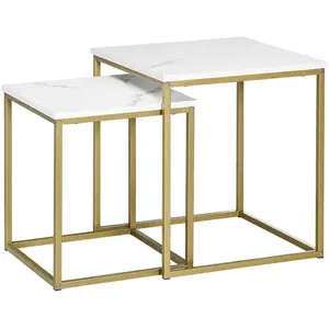 Comparateur de prix : HOMCOM Lot de 2 tables gigognes art déco acier doré aspect marbre blanc