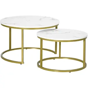 Comparateur de prix : HOMCOM Lot de 2 tables gigognes art déco acier doré effet marbre blanc