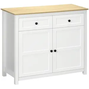 HOMCOM Buffet 2 portes étagère réglable 2 tiroirs blanc aspect bois clair pas cher