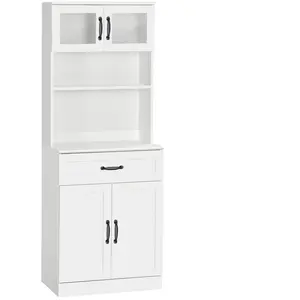 HOMCOM Buffet haut 4 portes multi-rangement métal noir verre trempé blanc