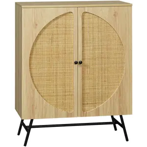 HOMCOM Buffet 2 portes cannage rotin étagère métal noir aspect chêne clair pas cher