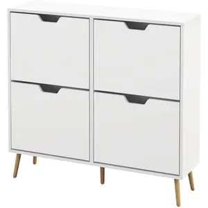 HOMCOM Meuble à chaussures 4 abattants 16 paires avec étagère réglable pieds en bois de pin 95 x 26 x 95 cm blanc pas cher