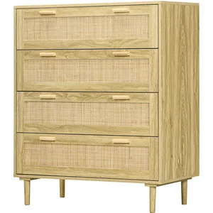 HOMCOM Commode 4 tiroirs meuble de rangement façade tissage en rotin s... pas cher