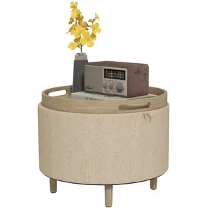 HOMCOM Pouf rond repose-pieds tabouret avec coffre de rangement, plate...