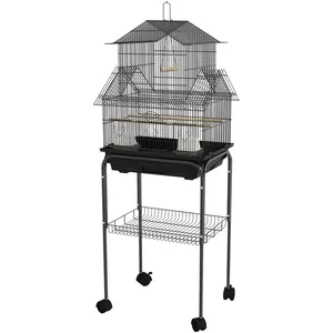 PawHut Cage à oiseaux design maison mangeoires perchoirs 3 portes plateau excrément amovible + poignée transport noir pas cher
