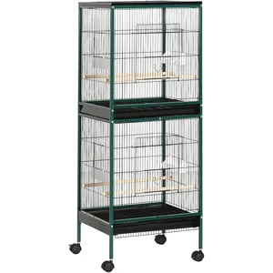 Comparateur de prix : PawHut Grande cage à oiseaux sur pied à roulettes - volière double, mangeoires, perchoirs, plateau amovible - vert noir