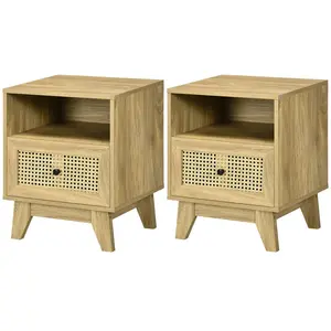 HOMCOM Lot de 2 tables de chevet table de nuit avec tiroir porte cannage et niche vintage 45 x 39 x 56,5 cm pas cher