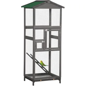 Comparateur de prix : PawHut Cage à oiseaux volière grande taille 2 portes toit asphalte tiroir amovible bois gris