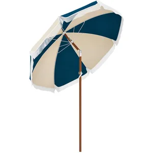 Comparateur de prix : Outsunny Parasol inclinable de jardin Ø 213 cm style vintage franges bleu beige