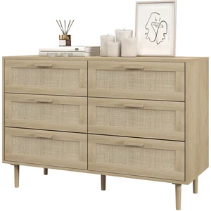 HOMCOM Commode 6 tiroirs meuble de rangement avec tissage en rotin dim... pas cher