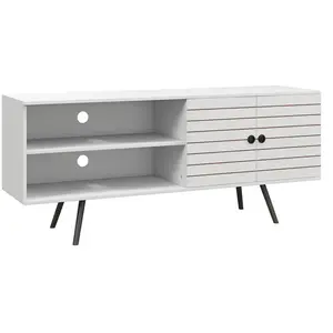 HOMCOM Meuble tv banc tv 2 portes étagère 2 niches dim. 145 x 38 x 65 cm piètement bois noir blanc pas cher