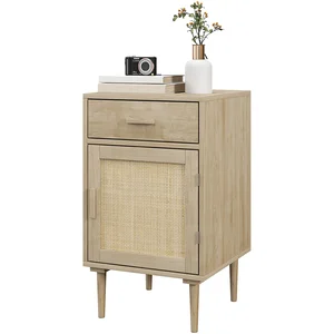 HOMCOM Table de chevet avec placard et étagère porte rotin tissé 1 tir... pas cher