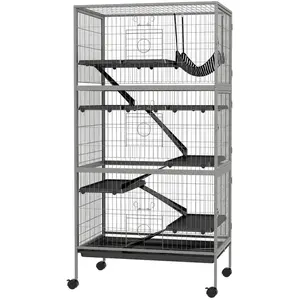PawHut Cage pour rongeurs multifonction 4 plateformes 3 rampes 4 portes dim. 80L x 52l x 159H cm acier gris argenté noir pas cher