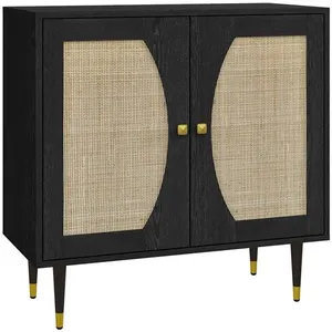 Comparateur de prix : HOMCOM Buffet 2 portes 2 étagères style bohème cannage rotin aspect bois noir
