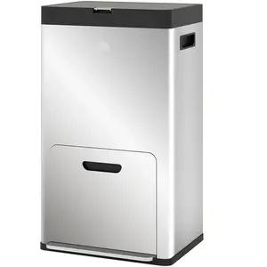 HOMCOM Poubelle rectangulaire à pédale poubelle cuisine 3 compartiments fermeture douce acier inox 45,7 x 35,8 x 76 cm argent pas cher