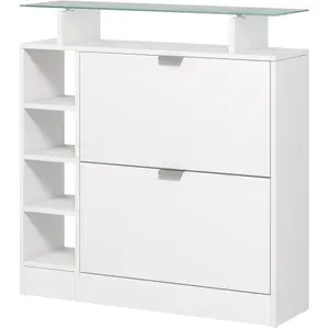 HOMCOM Meuble à chaussures avec 2 tiroirs rabattables 12 paires, plateau en verre et étagères réglables, 89 x 25 x 92 cm, blanc pas cher