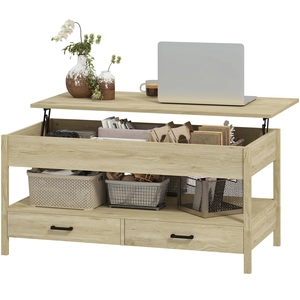 HOMCOM Table basse relevable, table basse avec tiroirs et compartiment caché pour salon, bureau à domicile, chêne pas cher