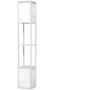 HOMCOM Lampadaire sur pied salon, lampe salon moderne, lampadaire avec étagères, abat-jour en tissu et double éclairage, blanc pas cher