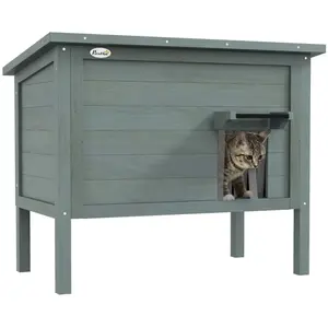 Comparateur de prix : PawHut Maison lodge sur pied - niche villa chat - toit ouvrant bitumé, porte extérieure/intérieure - bois sapin pré-huilé gris
