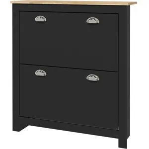 HOMCOM Armoire à chaussures 2 portes abattantes 2 compartiments poignées coquilles métal 79 x 23 x 90,5 cm noir chêne pas cher