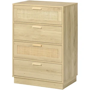 HOMCOM Commode design bohème en rotin avec 4 tiroirs, meuble de rangement pour le salon, le couloir, l'entrée, bois naturel pas cher