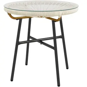 Outsunny Table basse ronde de jardin en résine aspect rotin métal et plateau verre trempé Ø 50 x 50 cm crème pas cher
