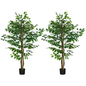 Comparateur de prix : HOMCOM Lot de 2 plantes artificielles - ficus hauteur 1,50 m - tronc branches liane lichen feuilles grand réalisme pot inclus vert