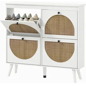 HOMCOM Meuble à chaussures 4 abattants 20 paires étagère réglable style bohème pieds en bois massif 105 x 24 x 97,5 cm blanc pas cher